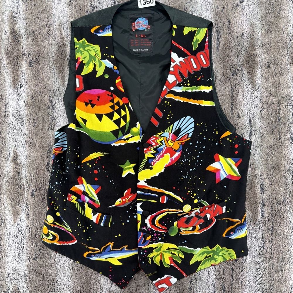 Vintage 90s Planet Hollywood Vest Mens L/XL Jams World All Over Print - Rare -